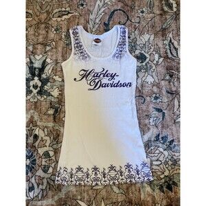 HARLEY-DAVIDSON Women Bejeweled Tank Top Small Rhinestones White Purple Trim NH